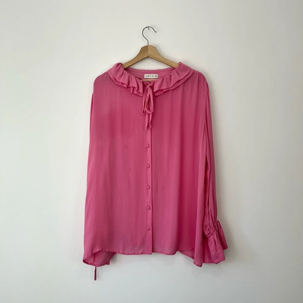 Etro Pink 100% Silk Ruffled Neckline Oversized Button Up Tie Blouse UK L - Picture 1 of 15